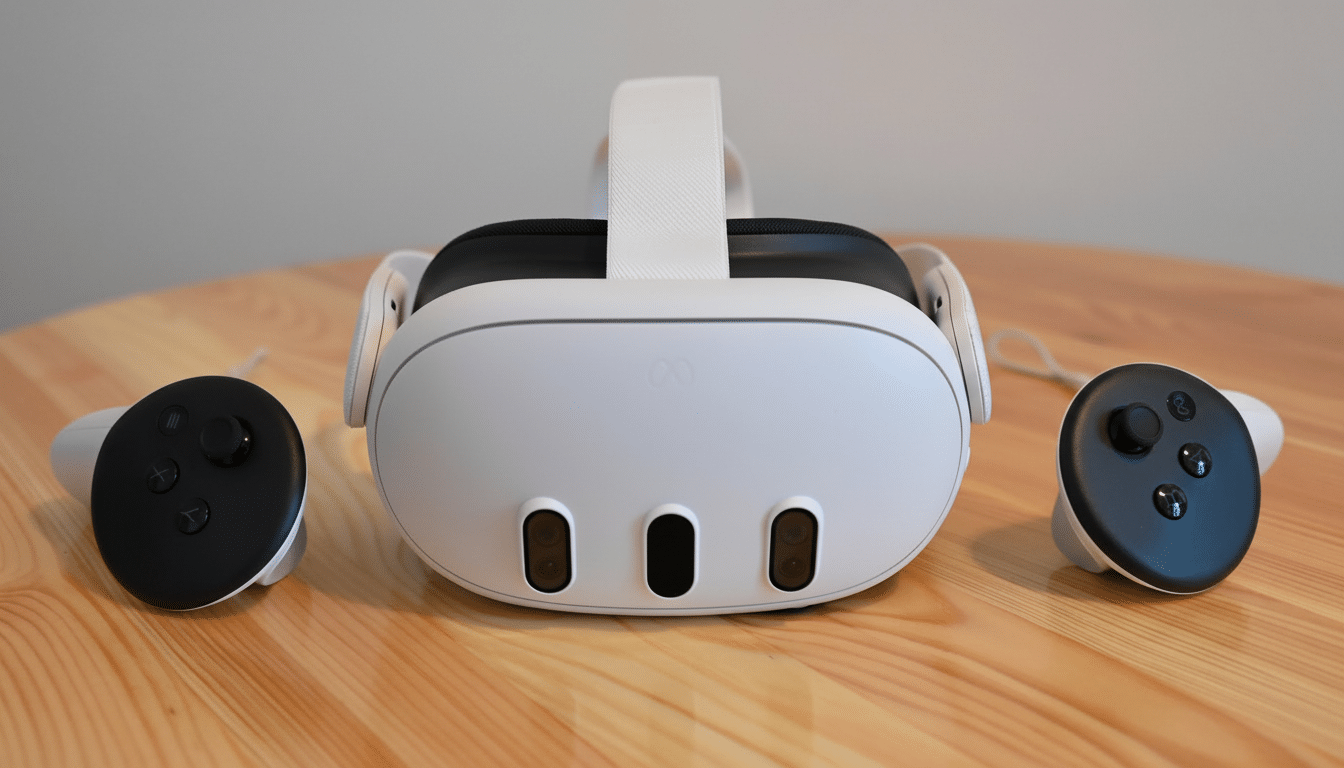 Meta Quest 3 headset and Touch Plus controllers on a wooden table