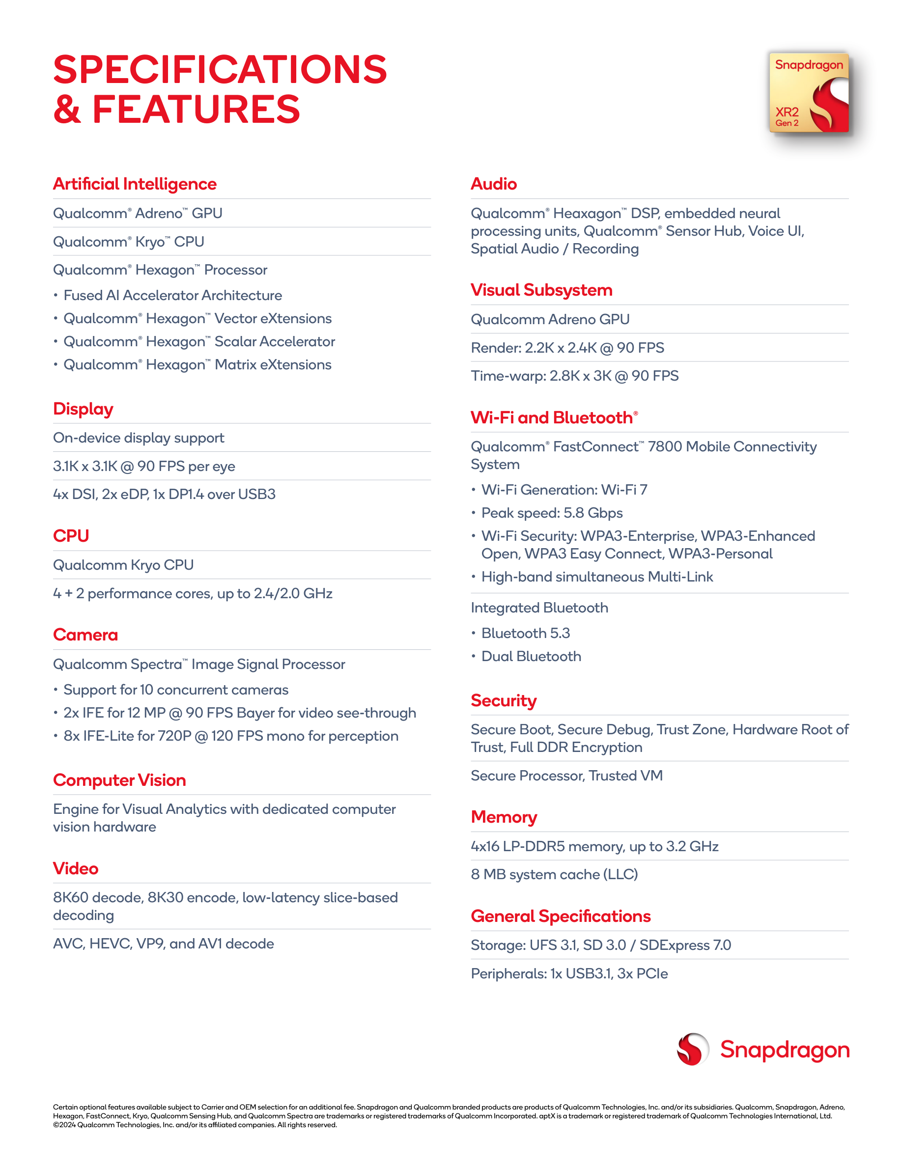 Snapdragon XR2 Gen 2 specifications and features